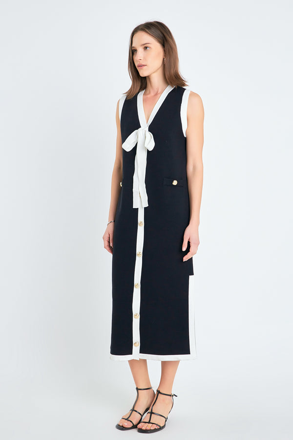 English Factory Knit Midi Dress With Ribbon Tie BLACK/CREAM
