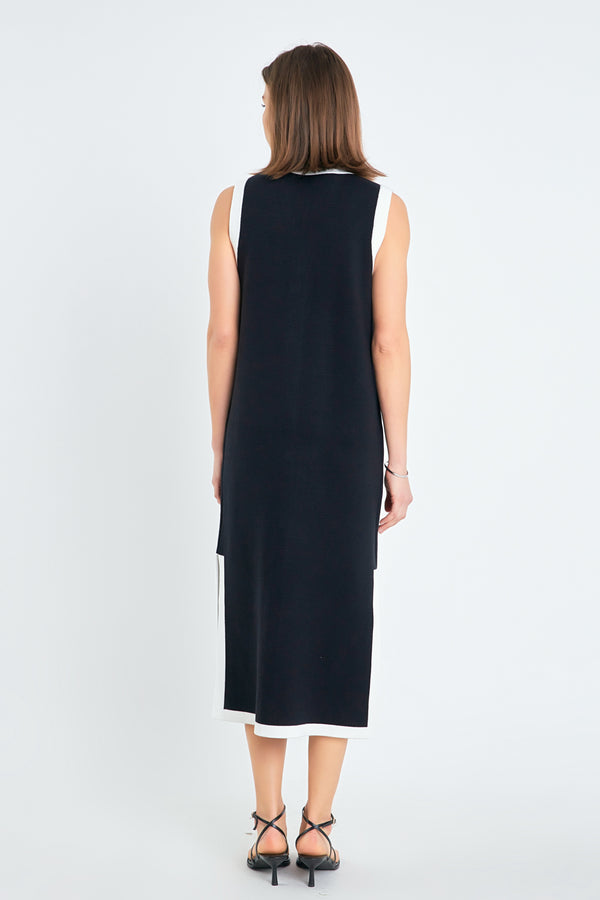 English Factory Knit Midi Dress With Ribbon Tie BLACK/CREAM