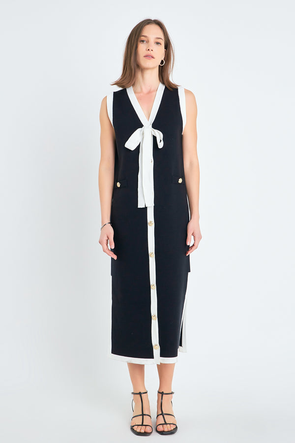 english factory Knit Midi Dress With Ribbon Tie BLACK/CREAM