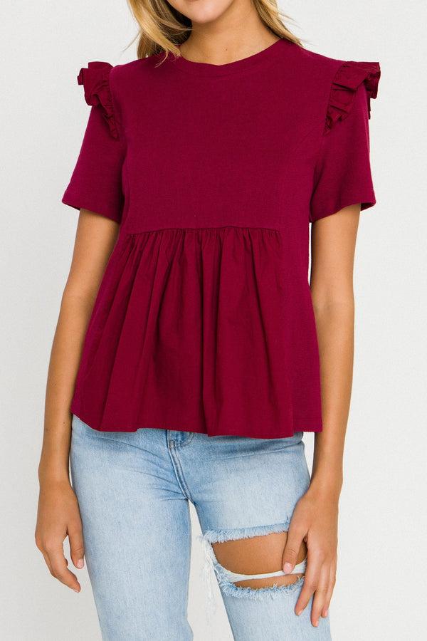 English Factory Knit Poplin Mixed Ruffle Top BURGUNDY