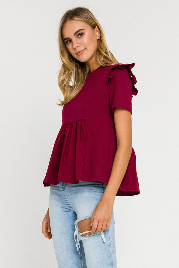 English Factory Knit Poplin Mixed Ruffle Top BURGUNDY