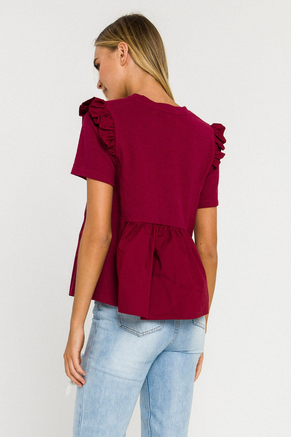 English Factory Knit Poplin Mixed Ruffle Top BURGUNDY