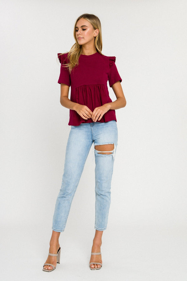 english factory Knit Poplin Mixed Ruffle Top BURGUNDY