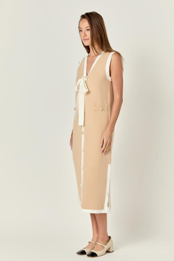 English Factory Knit Sleeveless Midi Dress With Ribbon Tie BEIGE/WHITE