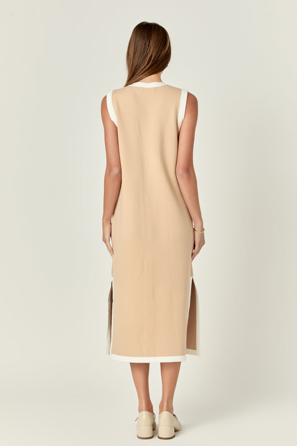 English Factory Knit Sleeveless Midi Dress With Ribbon Tie BEIGE/WHITE