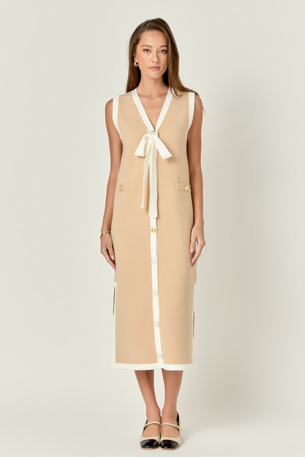 english factory Knit Sleeveless Midi Dress With Ribbon Tie BEIGE/WHITE