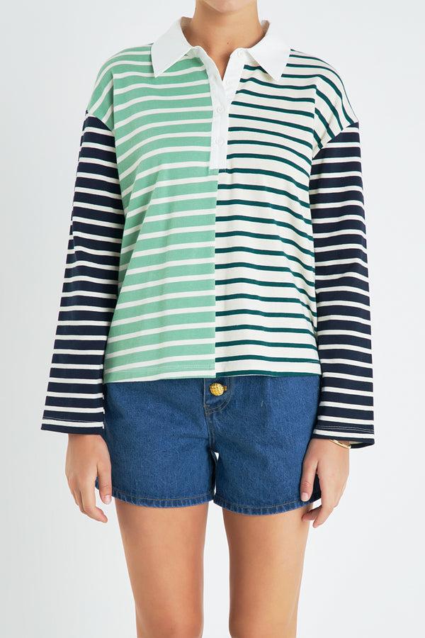 English Factory Knit Stripe Color Block Polo Sleeves Top MULTI