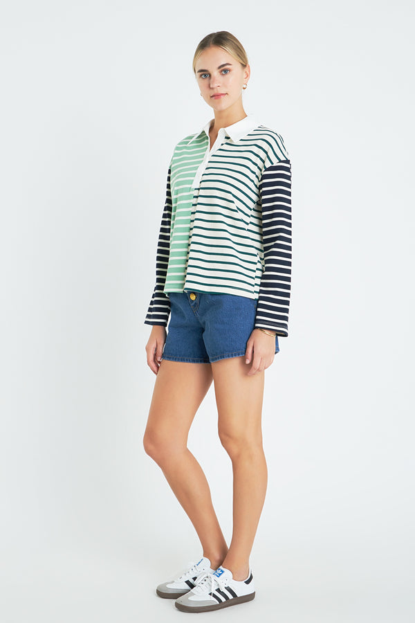 English Factory Knit Stripe Color Block Polo Sleeves Top MULTI