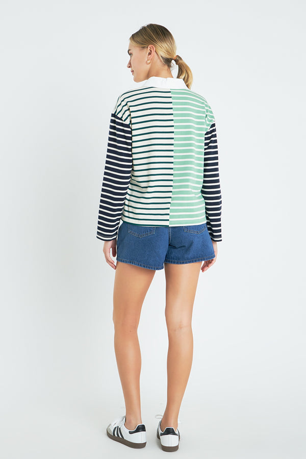 English Factory Knit Stripe Color Block Polo Sleeves Top MULTI