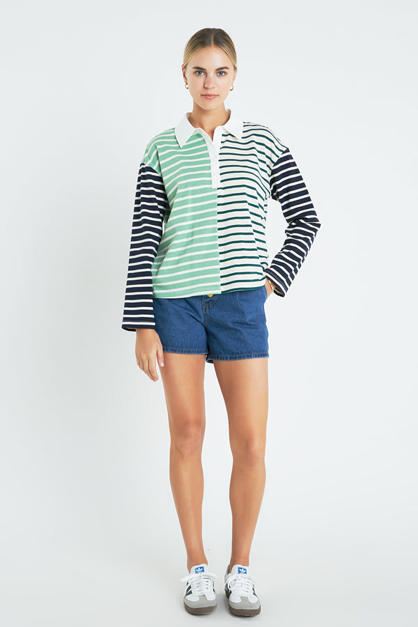 english factory Knit Stripe Color Block Polo Sleeves Top MULTI