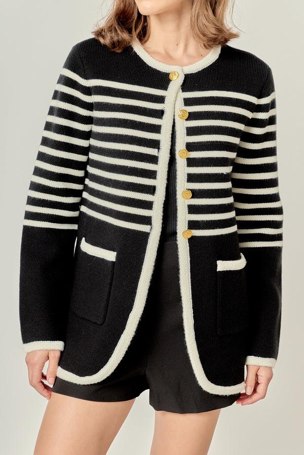 English Factory Knit Striped Sweater Cardigan BLACK/CREAM
