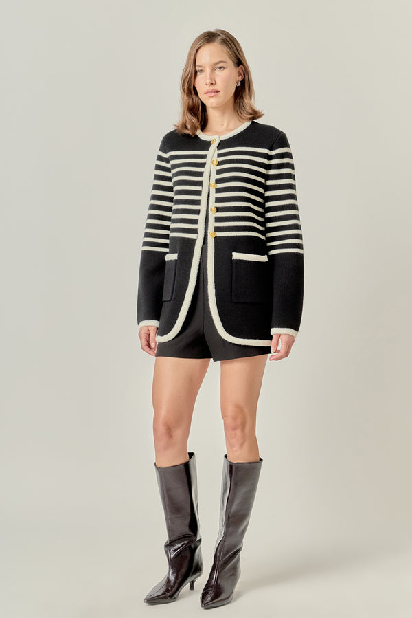 English Factory Knit Striped Sweater Cardigan BLACK/CREAM