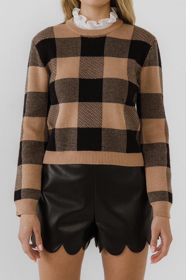 English Factory Lace Detail With Check Sweater TAN/BLACK