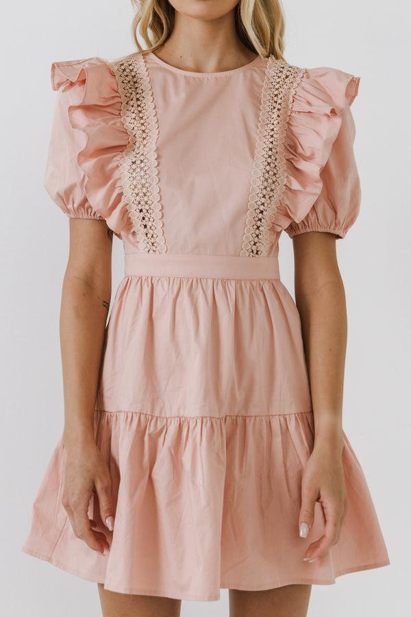 English Factory Lace Inserted Dress With Puff Sleeves BLUSH