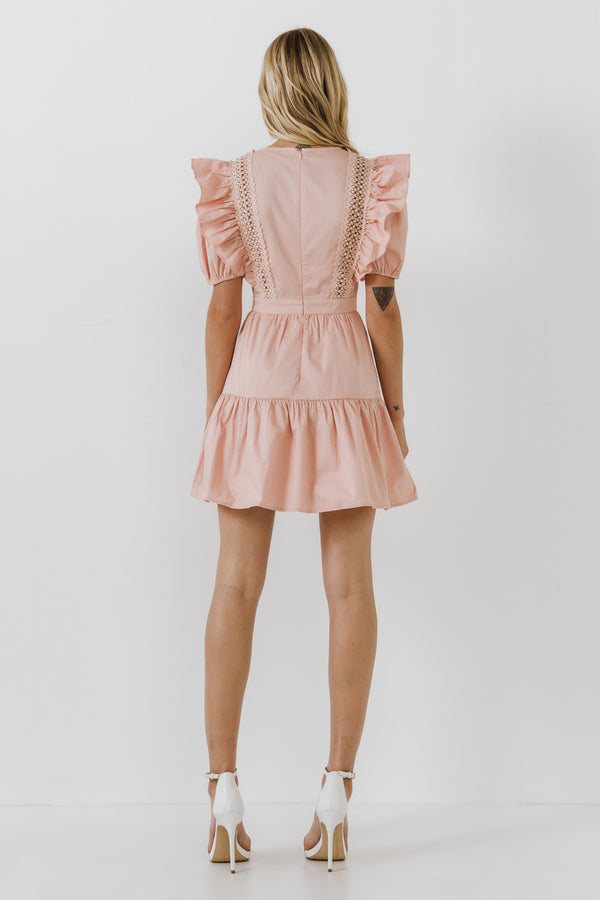 English Factory Lace Inserted Dress With Puff Sleeves BLUSH