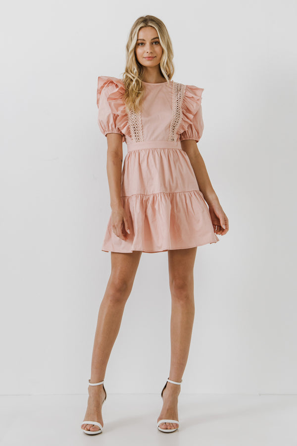 english factory Lace Inserted Dress with Puff Sleeves BLUSH