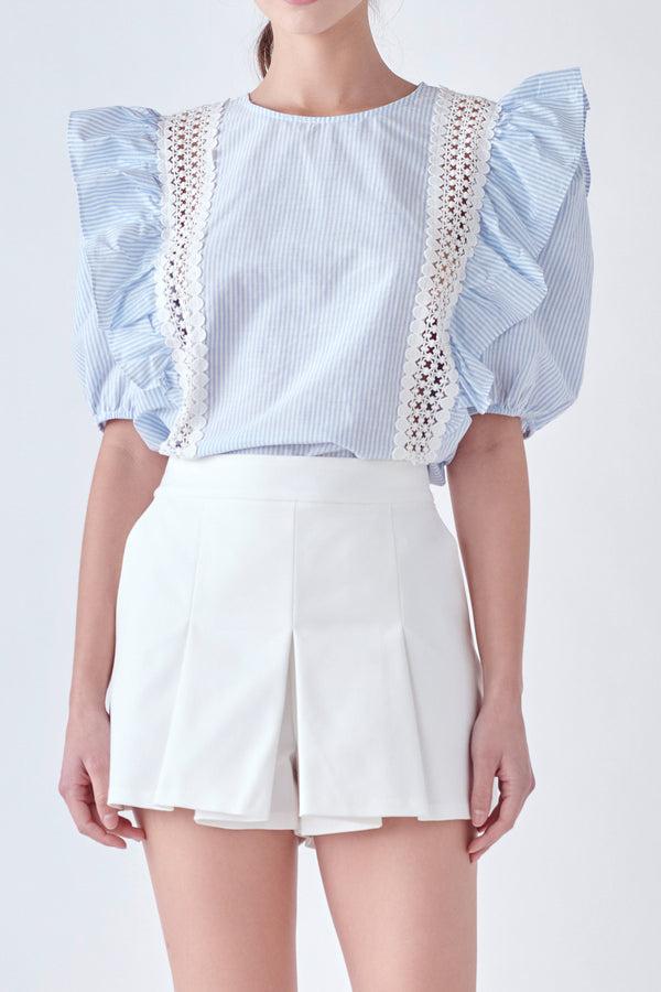 English Factory Lace Inserted Top With Puff Sleeves BLUE