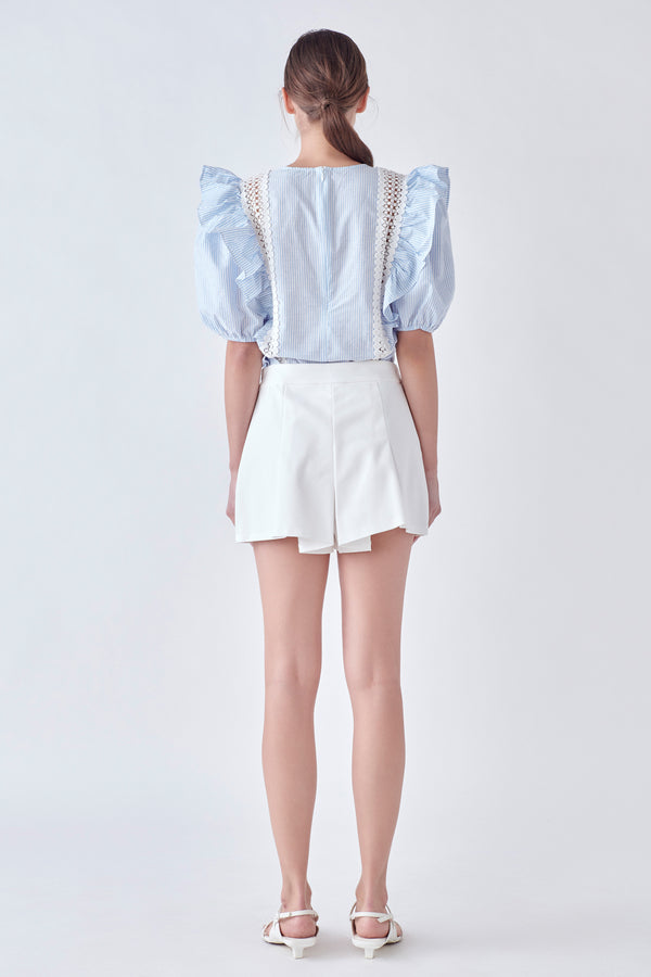 English Factory Lace Inserted Top With Puff Sleeves BLUE