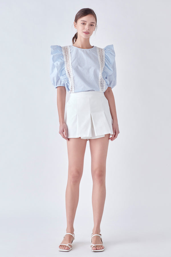 english factory Lace Inserted Top with Puff Sleeves BLUE