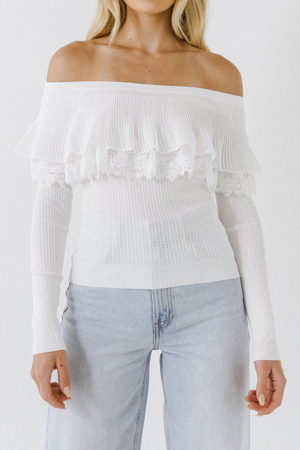 English Factory Lace Ruffle Off-The-Shoulder Top WHITE