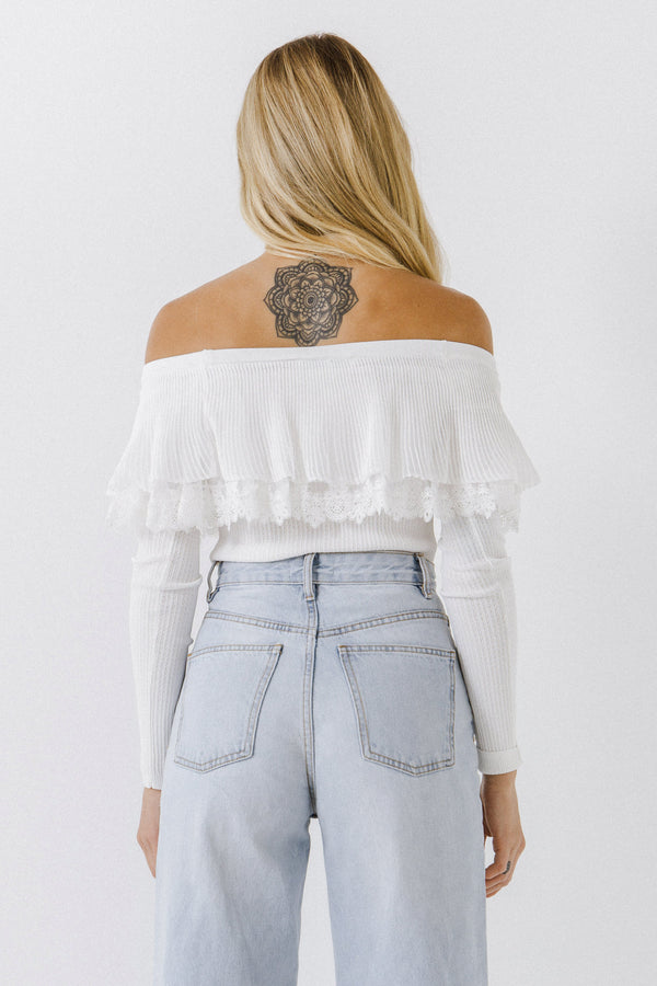 English Factory Lace Ruffle Off-The-Shoulder Top WHITE