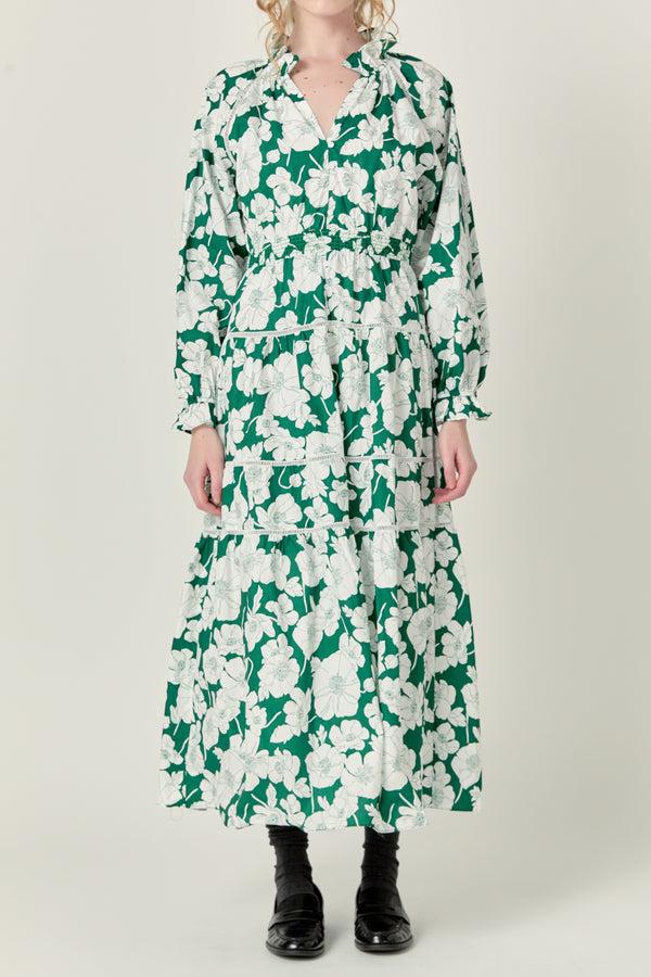 English Factory Lace Trimmed Floral Maxi Dress GREEN
