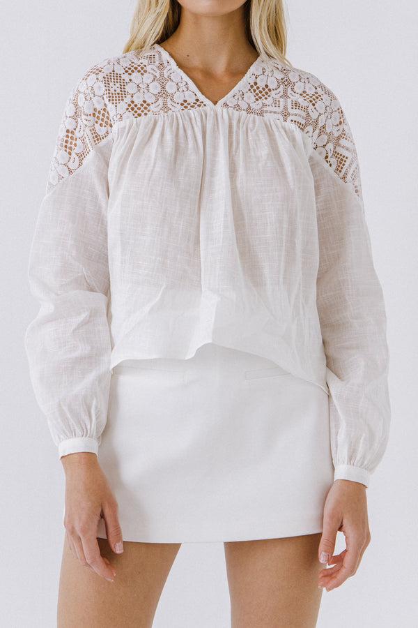 English Factory Lace Yoke With Long Sleeve Blouse WHITE