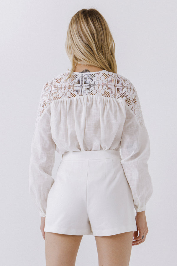 English Factory Lace Yoke With Long Sleeve Blouse WHITE