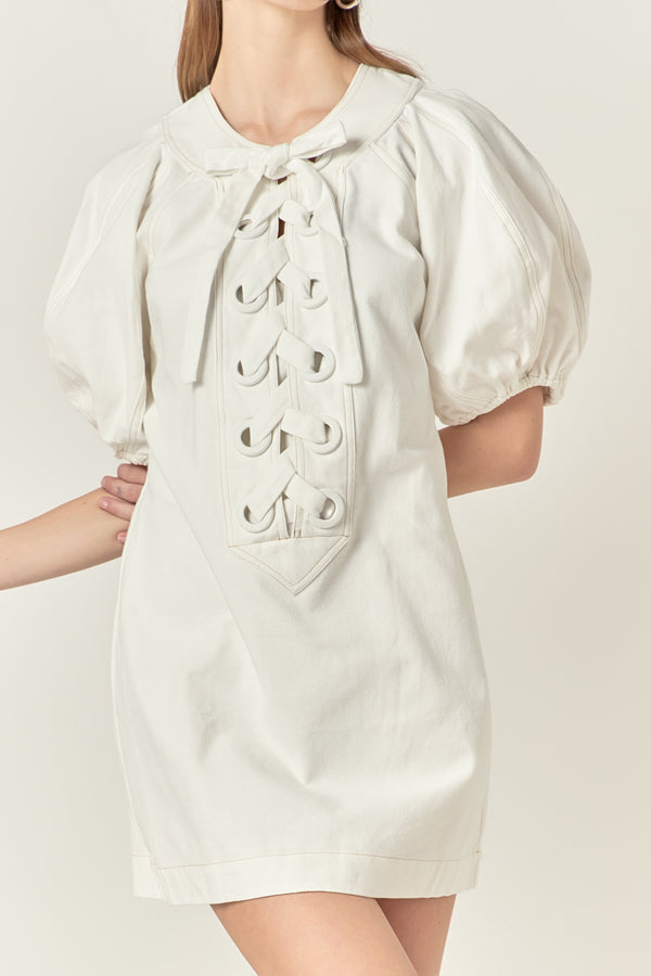 English Factory Laced Up Puffed Sleeve Mini Dress OFF WHITE