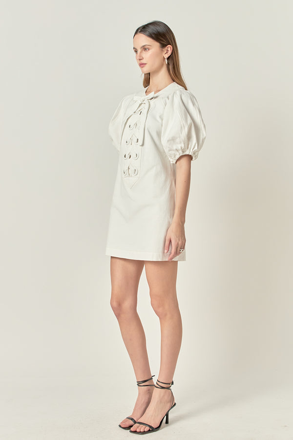 English Factory Laced Up Puffed Sleeve Mini Dress OFF WHITE