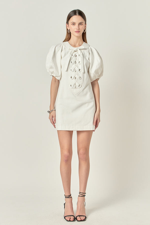 english factory Laced Up Puffed Sleeve Mini Dress OFF WHITE