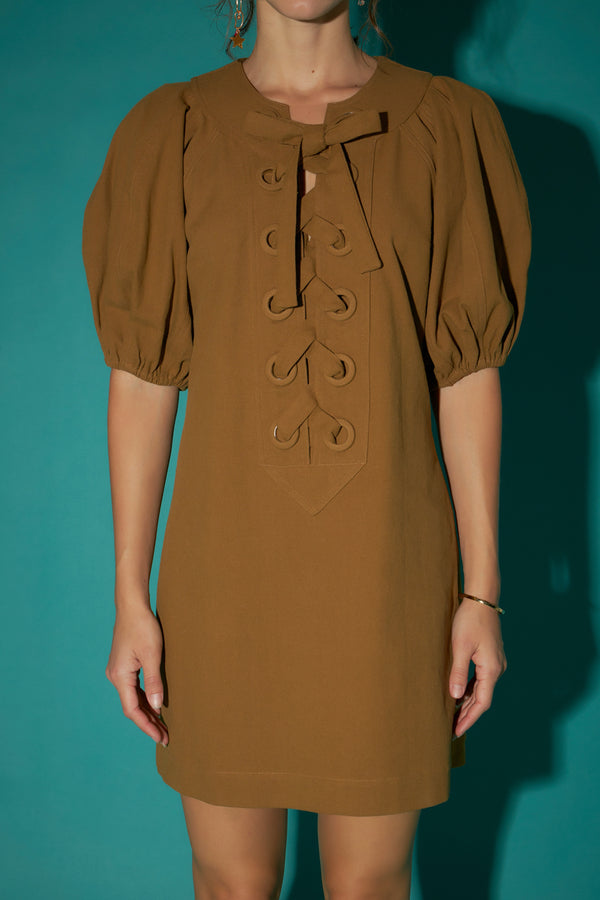 English Factory Laced Up Puffed Sleeve Mini Dress OLIVE