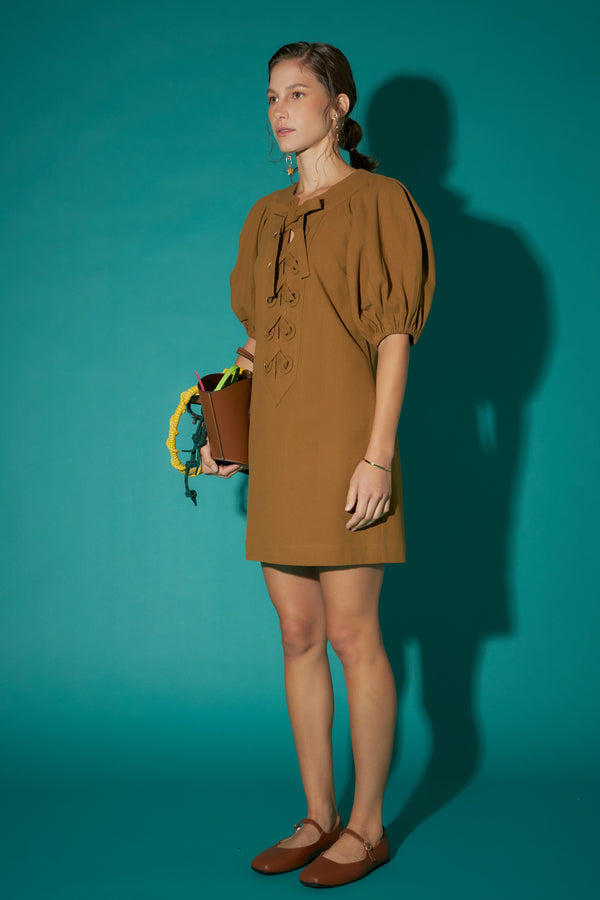 English Factory Laced Up Puffed Sleeve Mini Dress OLIVE