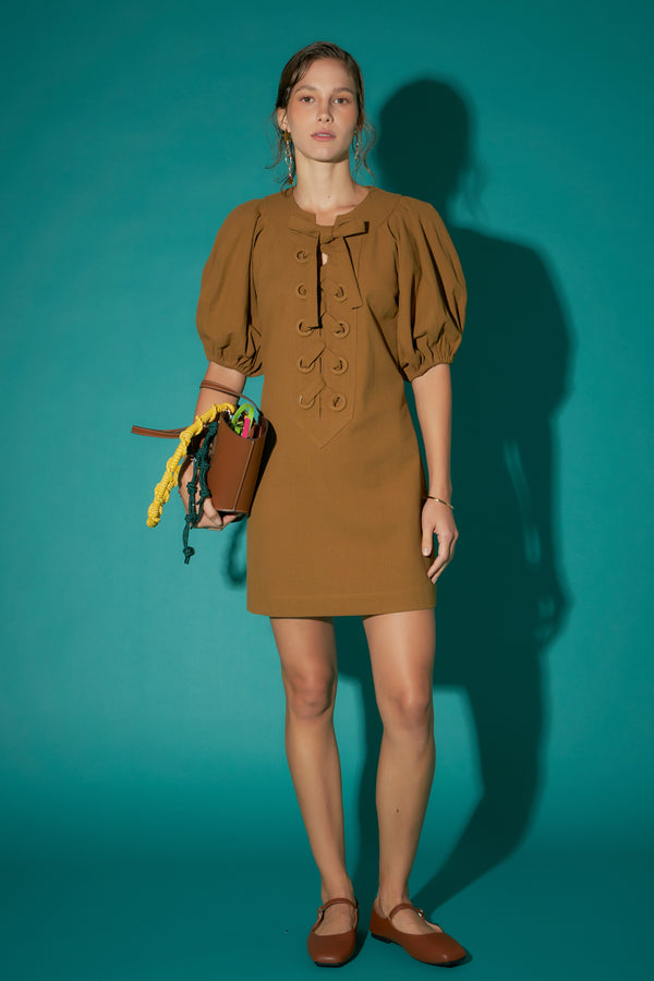 english factory Laced Up Puffed Sleeve Mini Dress OLIVE