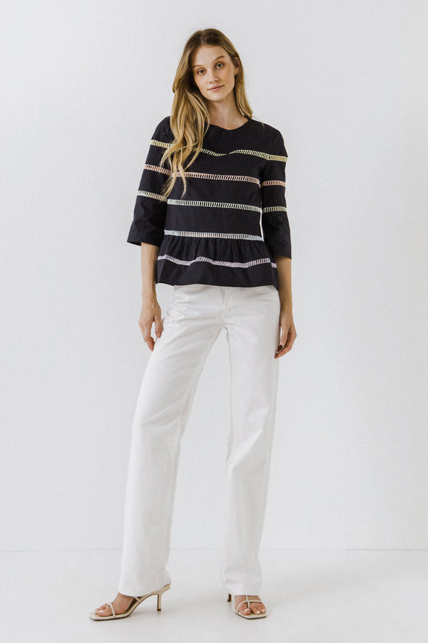 english factory Ladder Lace Babydoll Top NAVY MULTI