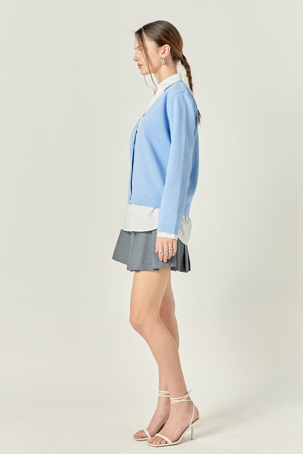 English Factory Layered Look Mixed Media V-Neck Cardigan POWDER BLUE