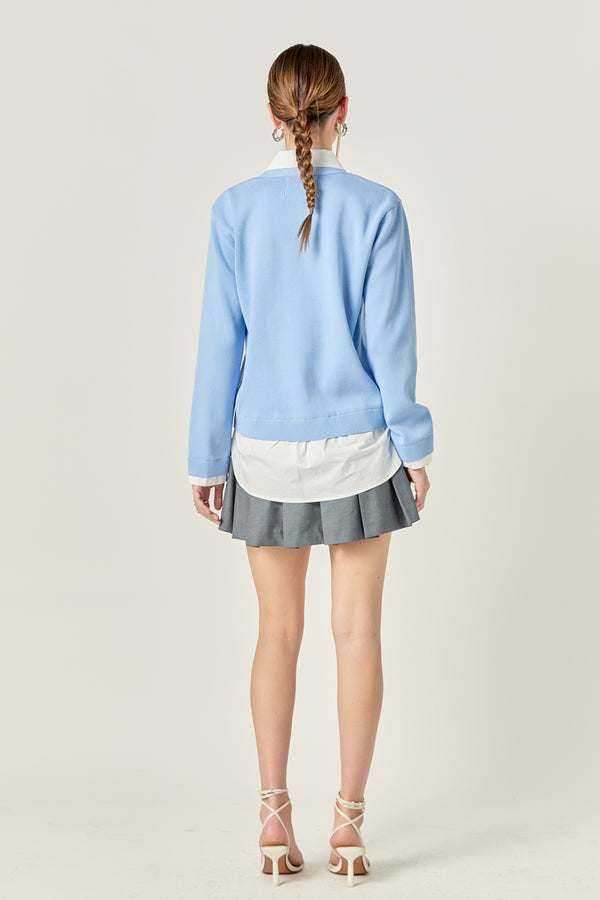 English Factory Layered Look Mixed Media V-Neck Cardigan POWDER BLUE
