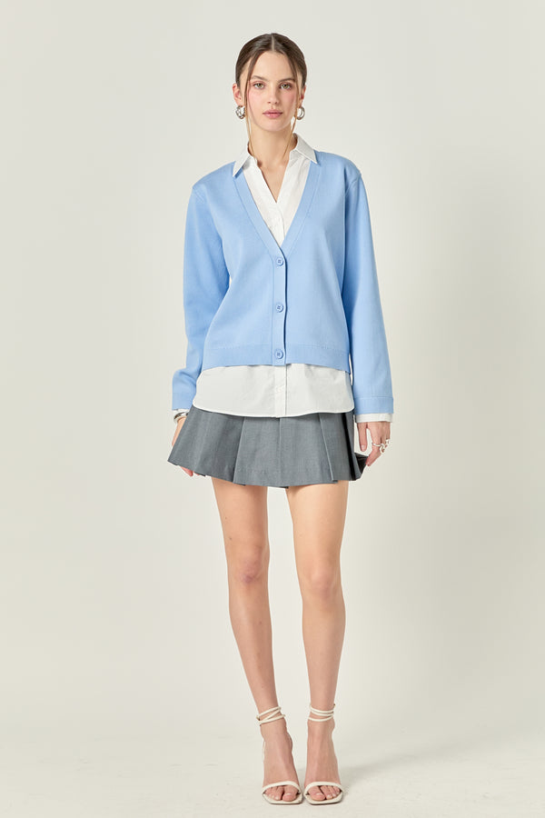 english factory Layered Look Mixed Media V-Neck Cardigan POWDER BLUE