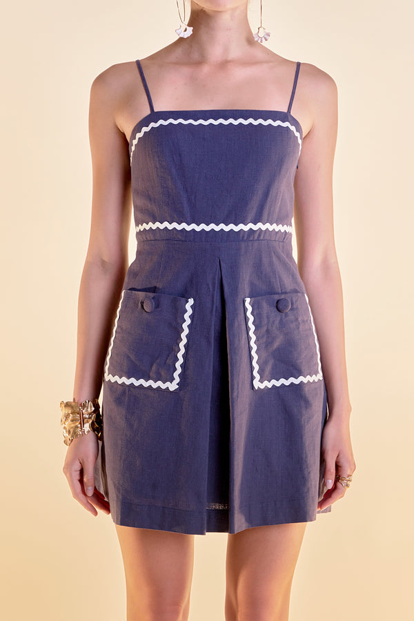 English Factory Linen Mini Dress W/ Ric Rac Trim NAVY