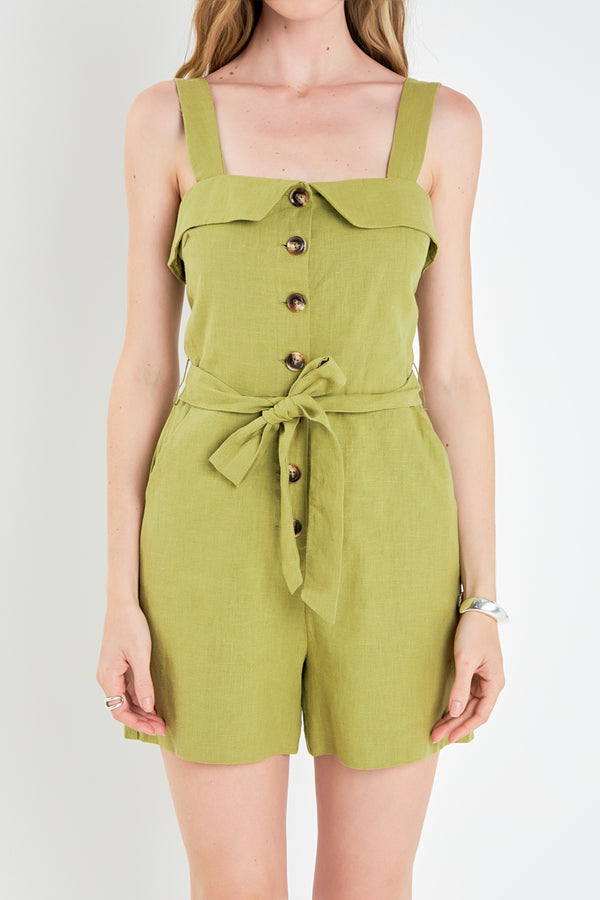 English Factory Linen Romper With Self Tie And Buttons GREEN