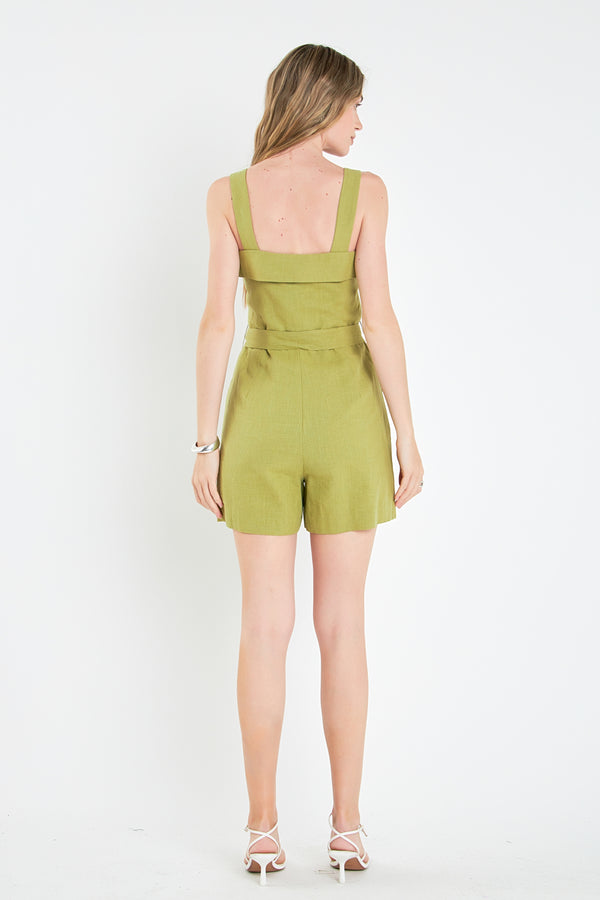 English Factory Linen Romper With Self Tie And Buttons GREEN