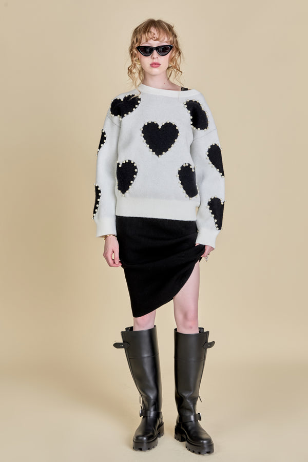 english factory Long-Sleeve Heart Sweater BLACK MULTI