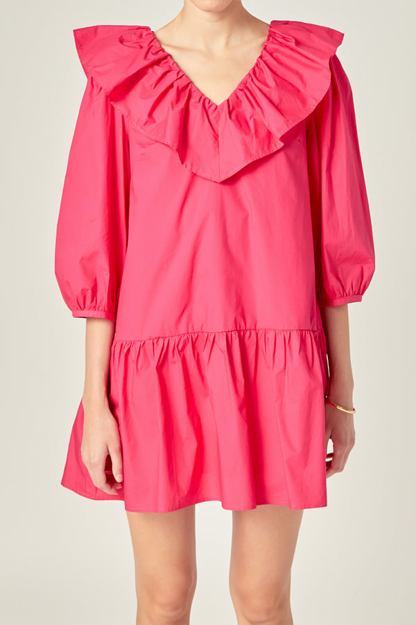 English Factory Long Sleeve V Ruffled Mini Dress BERRY