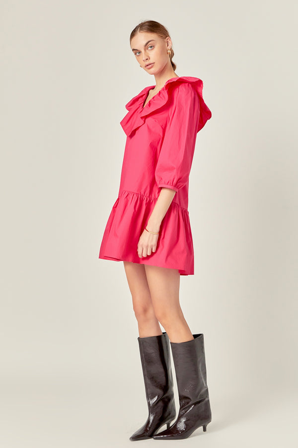 English Factory Long Sleeve V Ruffled Mini Dress BERRY