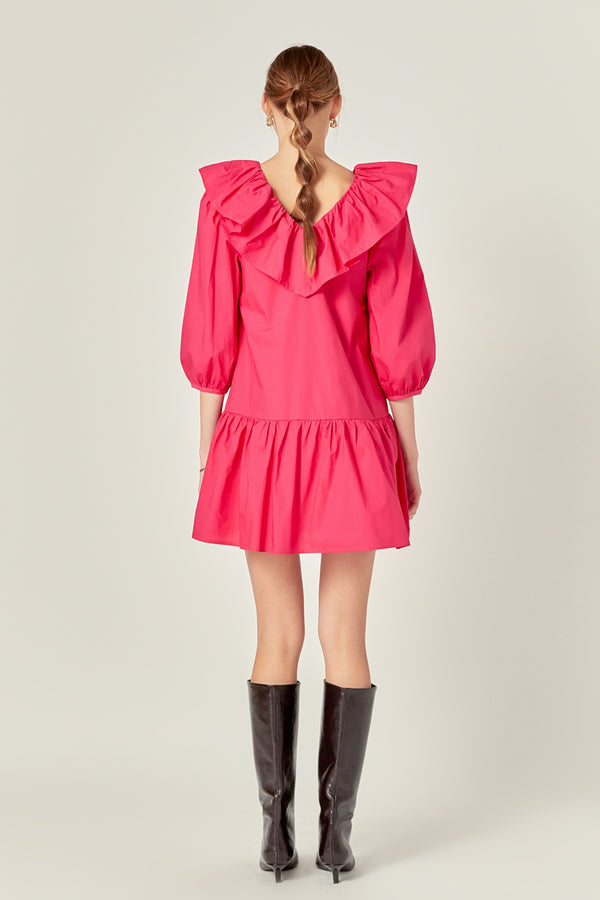 English Factory Long Sleeve V Ruffled Mini Dress BERRY