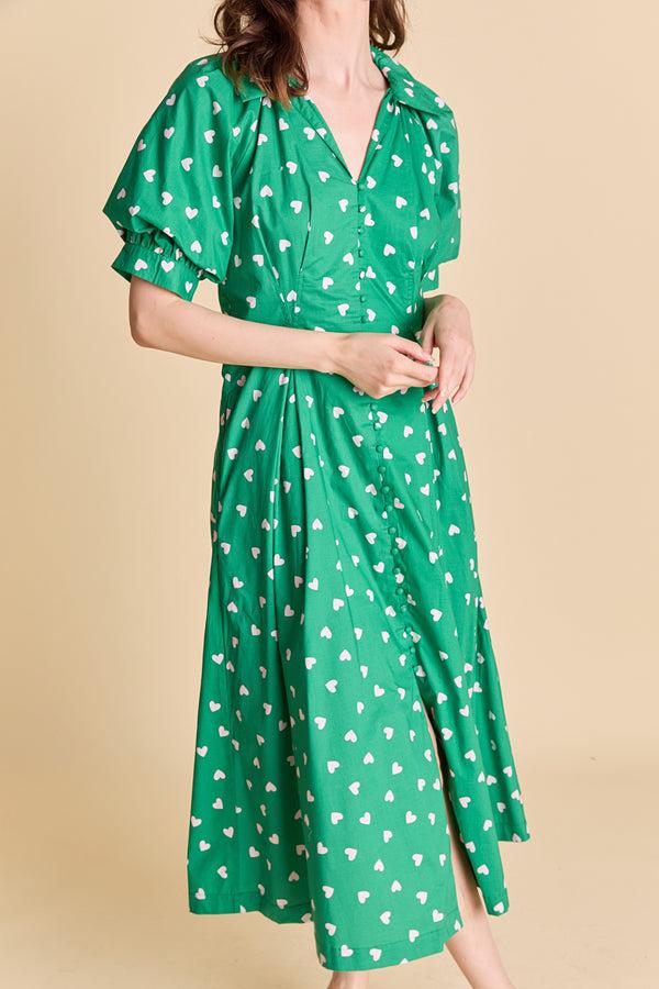 English Factory Lovelyn Heart Print Midi Dress GREEN