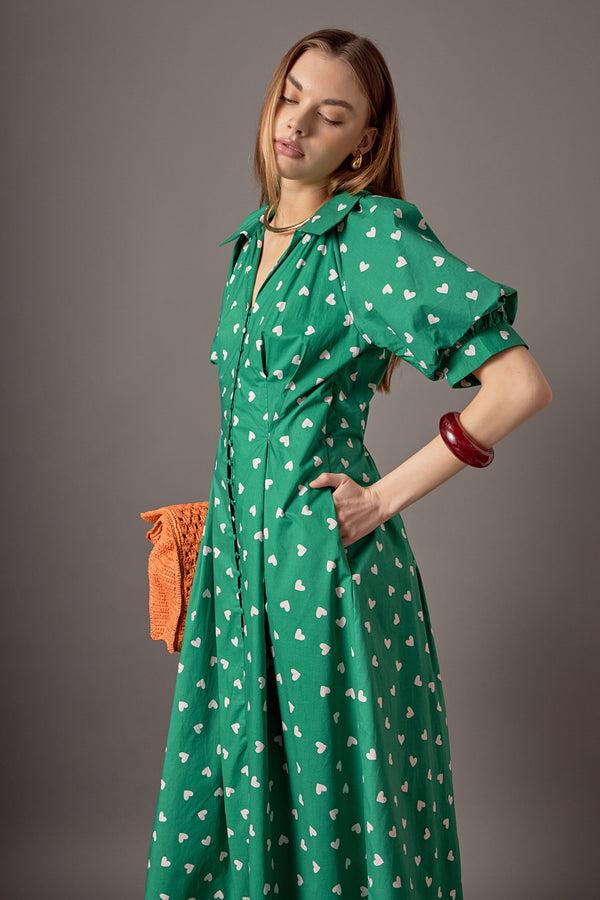 english factory Lovelyn Heart Print Midi Dress GREEN