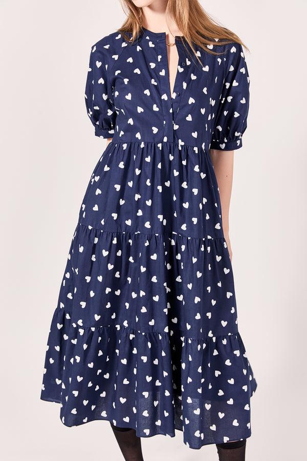 English Factory Lovelyn Heart Printed Midi Dress NAVY/WHITE