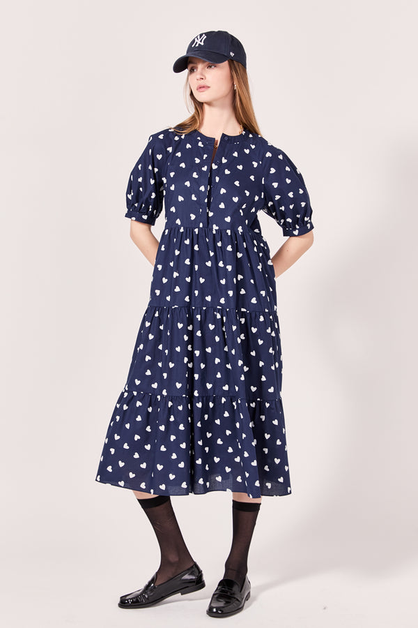 English Factory Lovelyn Heart Printed Midi Dress NAVY/WHITE
