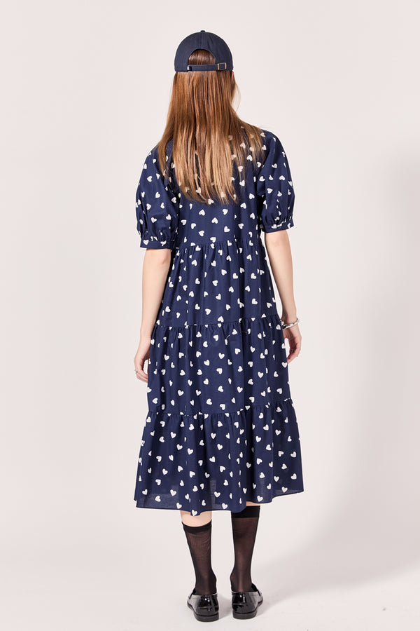English Factory Lovelyn Heart Printed Midi Dress NAVY/WHITE